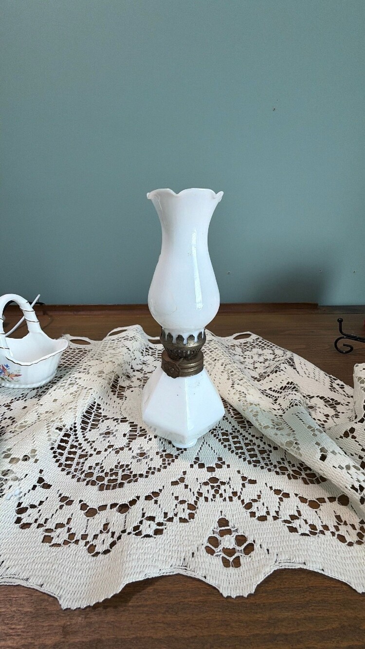#90 vintage milk glass mini hurricane lamp “call out”